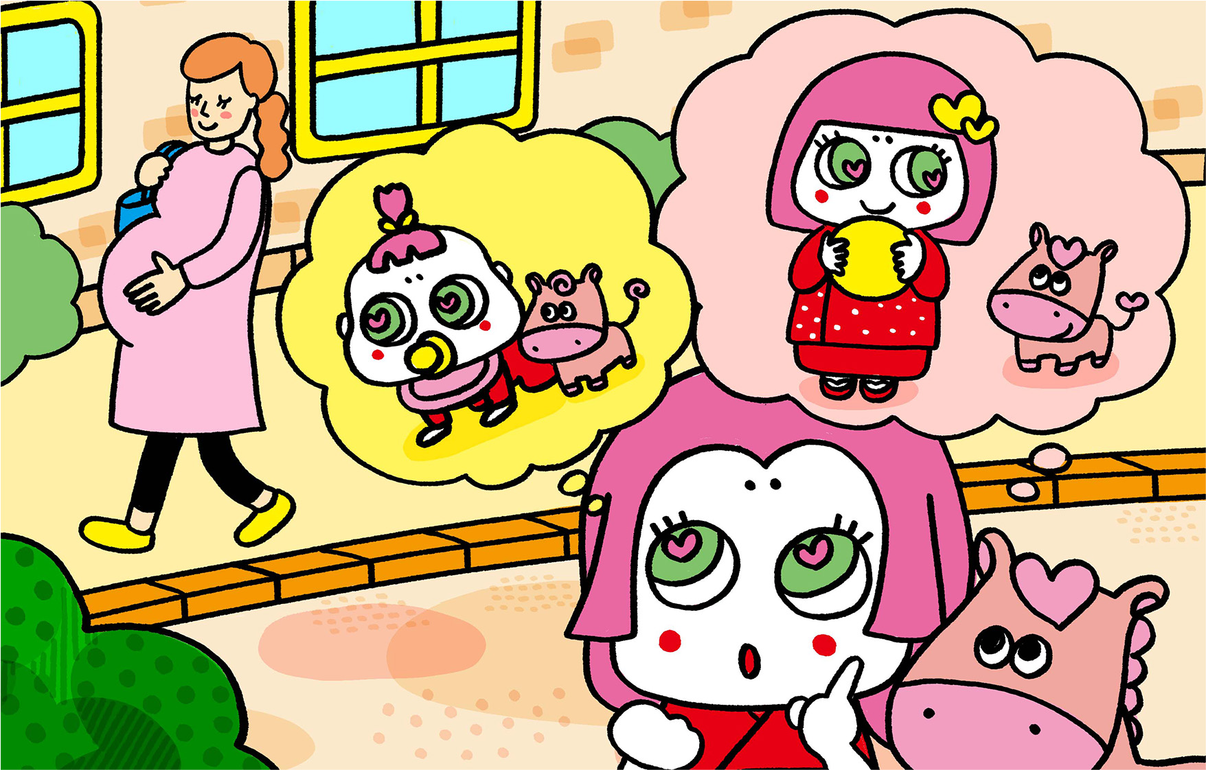 町で妊婦さんを見かけて自分の子供のころのことが気になったオハナヒメ。
