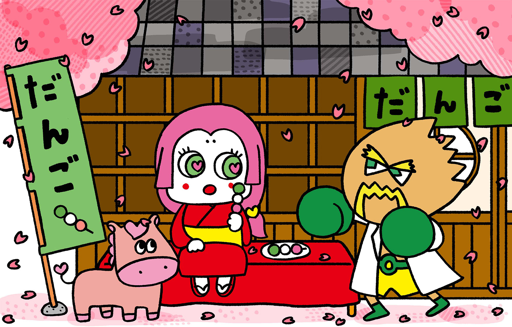 お団子屋さんでドクピーに出会うオハナヒメ。病院で診てもらえることのありがたさを教えてもらっている。