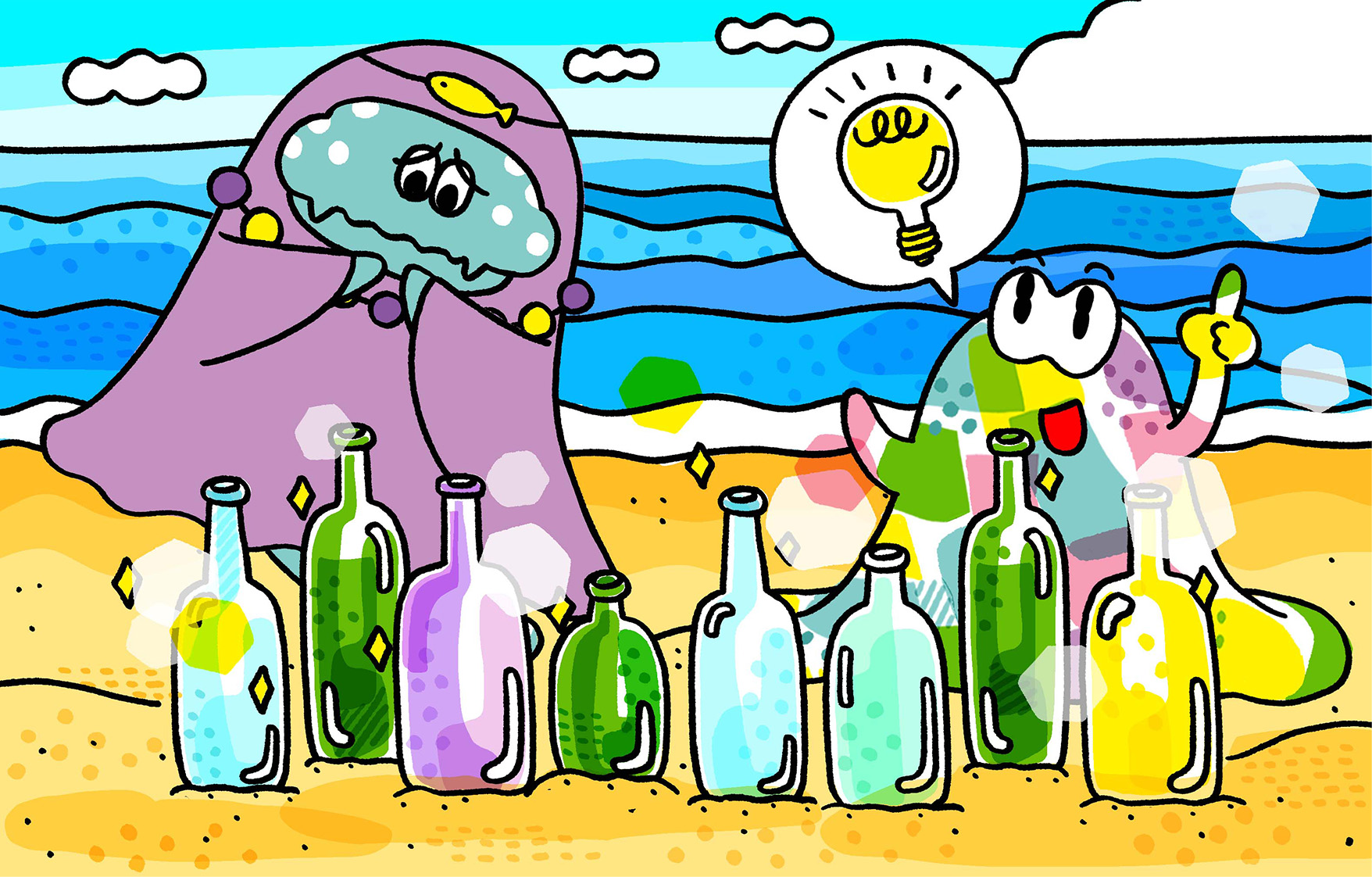 海に流れついた空きビンをみて悲しそうなマリアンヌと何かをひらめいたアルケミ。