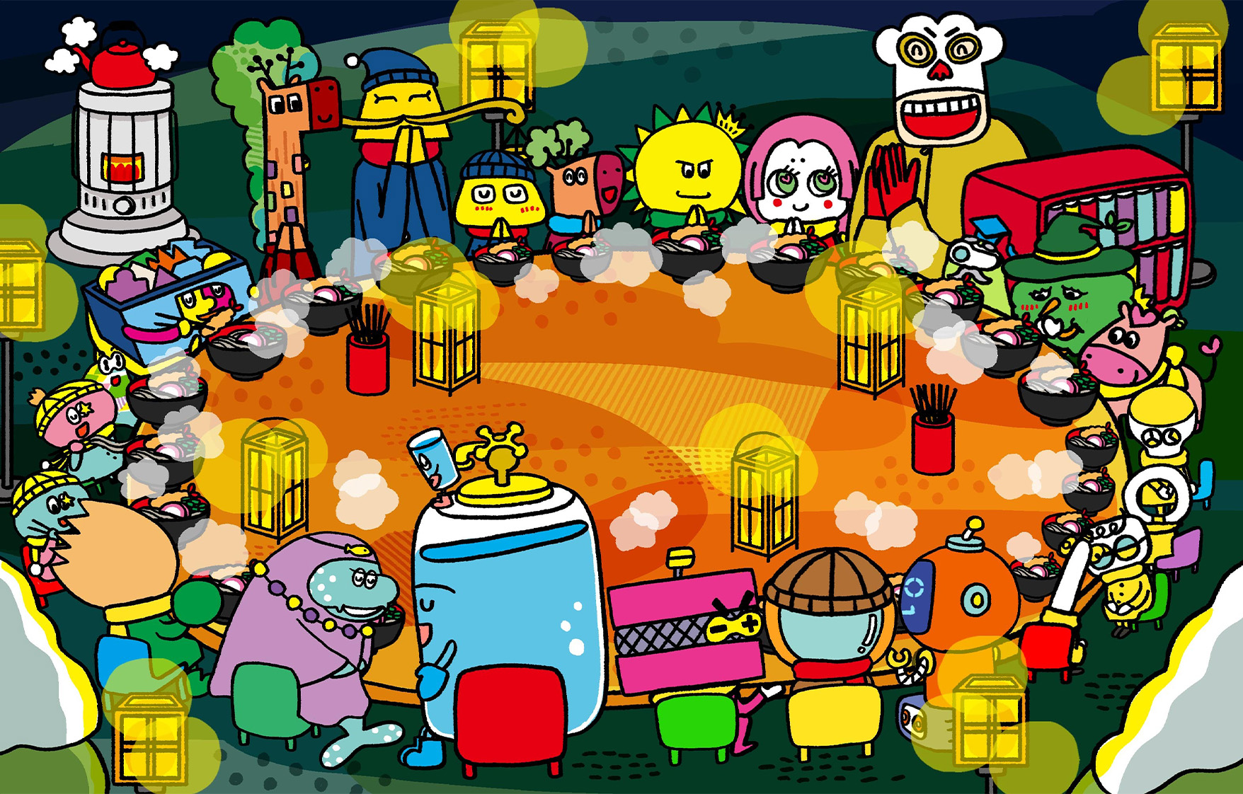 なかまたちみんなでテーブルを囲み、年越しそばを食べようとしている。隣の子とあいさつをしている子も。